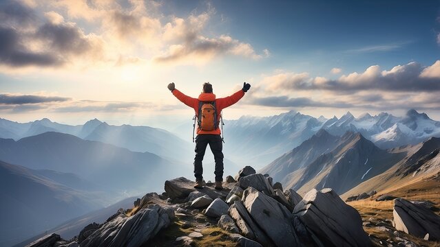 A person stands triumphantly on a rocky peak with arms raised