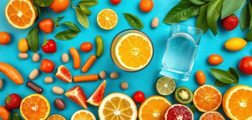 Vibrant flat lay of assorted vitamins, juicy citrus fruits, and a glass of water , wellbeing, wellness
