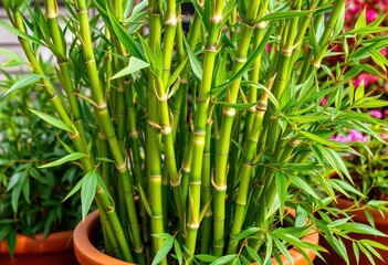 Fototapeta premium Vibrant green bamboo shoots in a terracotta pot, lush foliage, home decor, summer
