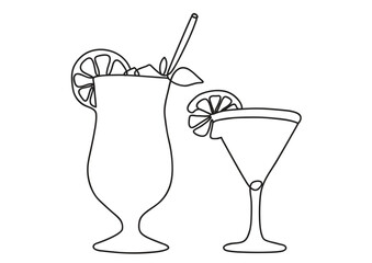 simple black and white one continuous line cocktail drinks vector illustration, summer drink isolated on white background with copy space for text, party background with drinks