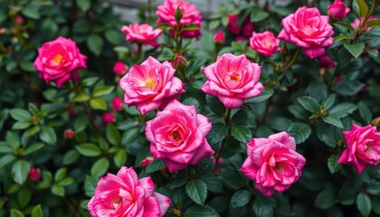 Vibrant pink roses bloom amidst lush green foliage, set against an abstract backdrop, aesthetic, art