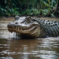 Obraz premium crocodile in the water Crocodile Emerging from Swampy Water. Crocodile in the water. Fierce Crocodile Close-Up in Freshwater Habitat Wildlife Photography
