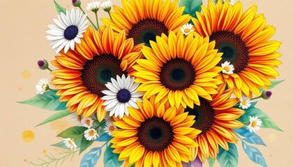 Obraz premium Vibrant watercolor sunflowers & daisies in a rustic kraft paper bouquet, daisies, bright