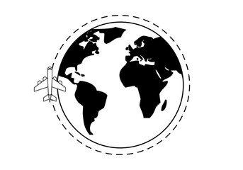 Icono negro de planeta tierra con avión viajando al rededor del mundo © Gabrieuskal