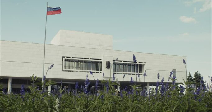Lenin memorial building with Russian flag waving in Ulyanovsk