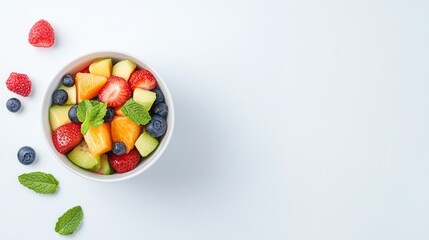 A vibrant mixed fruit salad in a white ceramic bowl