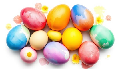 Watercolor painted Easter eggs in vibrant spring colors on white background, watercolor, cute