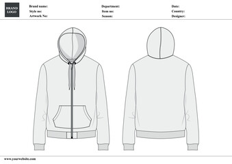 Long sleeve hoodie technical fashion Drawing sketch template front and back with tech pack details