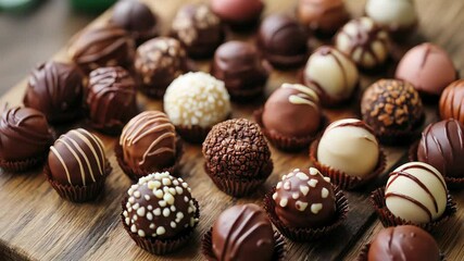 National Truffle Day Assorted chocolate truffles on rustic wooden table