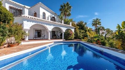 Fototapeta premium Stunning Mediterranean villa with private pool, lush garden and blue sky background