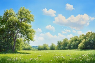 Obraz premium A serene landscape featuring a lush green field under a bright blue sky adorned with fluffy clouds and a solitary tree.