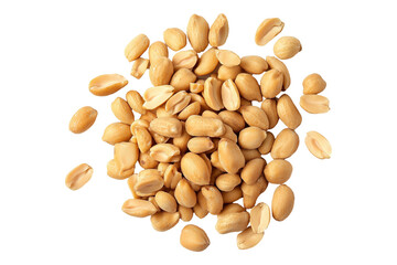 Roasted salted peanuts isolated on transparent background, top view