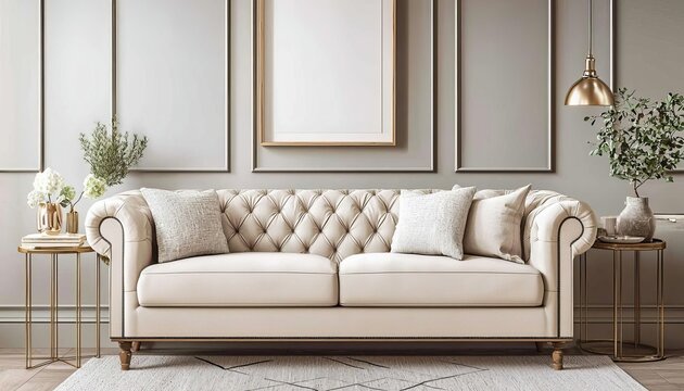 Elegant beige sofa in modern living room.