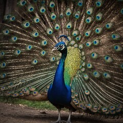 Obraz premium A peacock spreading its colorful feathers in full display.