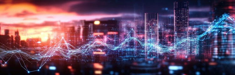 Futuristic skyline with glowing connection lines representing data flow in a connected world for digital marketing and technology background.