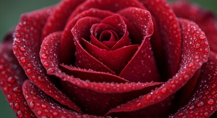 Ultra high-resolution macro shot of a deep red rose covered in morning dew