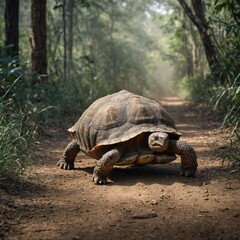 Obraz premium Tortoise Slowly Crossing a Dirt Trai.