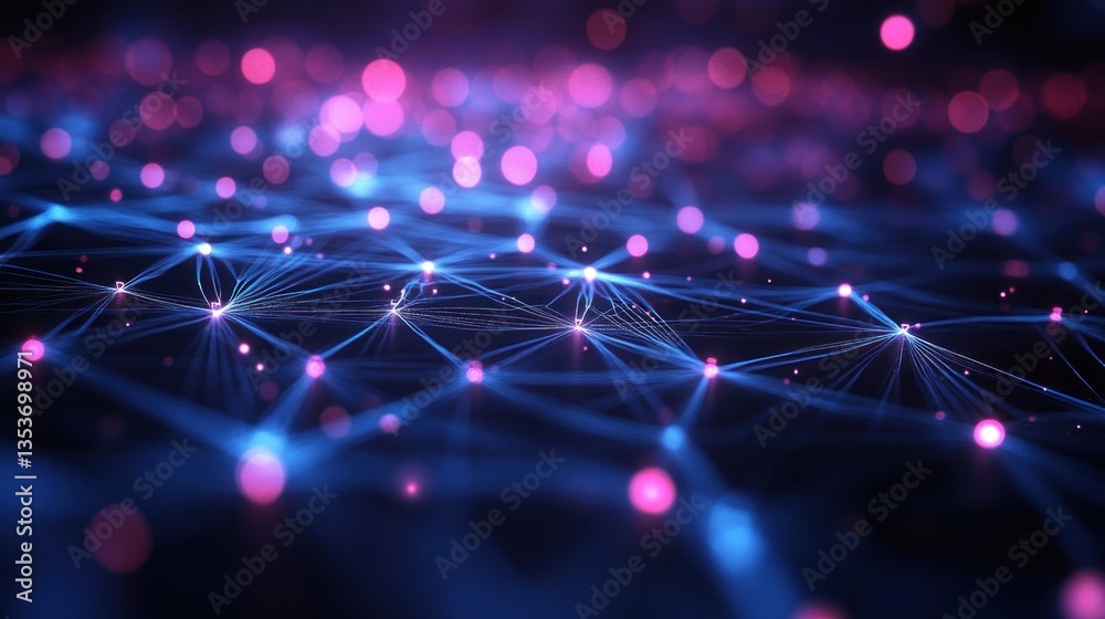 Poster abstract network visualization with glowing nodes and interconnected lines representing data flow an