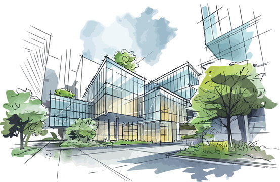  a watercolor-style architectural sketch or illustration of a modern building. 