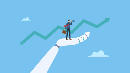 Fototapeta premium Robot hand help businessman look on telescope future. AI, Artificial Intelligence help business success, future of AI working with humanity, robot automation or innovation support, business support.
