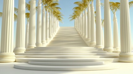 Fototapeta premium Elegant White Marble Stairs Leading to an Open Sky with Golden Trees Lining the Pathway