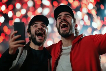 Two happy excited fan friends in euphoria mood after winning in a bet with a smartphone in hand on stadion background