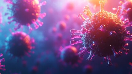 a microscopic view of viral pathogens featuring vivid contrasting colors against a blurred abstract background for infectious disease concepts