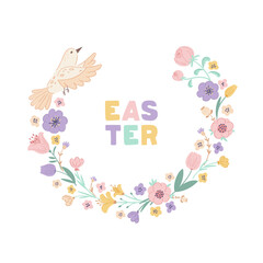 Easter wreath with cute birds, flowers, leaves and branches on white background. Decorative frame with lettering. Unique design for your greeting cards, banners, flyers. Vector illustration