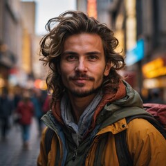 Obraz premium Traveler exploring bustling city street capturing spirit of adventure and discovery