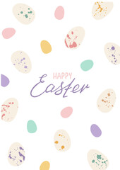 Easter poster with cute eggs on white background. Holiday design for covers, posters, banners, greeting cards with lettering Happy Easter. Vector illustration