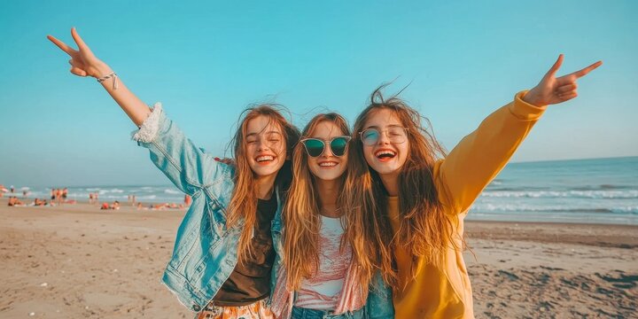 Best friends having fun together at the beach - Group of happy young people with arms up enjoying holiday outside - Teens enjoying spring break party - Summer