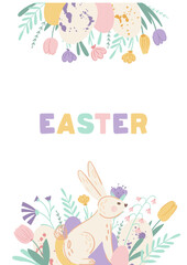 Easter poster with cute bunny, eggs and spring flowers on white background. Holiday design for covers, posters, banners, greeting cards with lettering. Vector illustration
