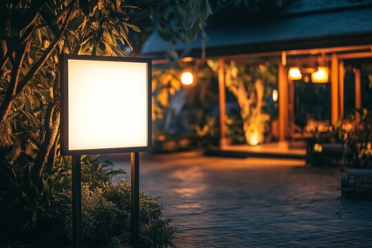 generic outdoor night shot of luxury resort or hotel like reception and fine dining restaurant with blank empty signboard mockup. Generative AI