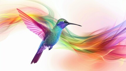 Obraz premium A colorful, abstract hummingbird with flowing wings and soft gradients.