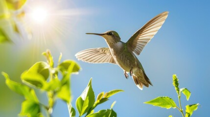 Fototapeta premium A tranquil blue sky background with a hummingbird in flight.