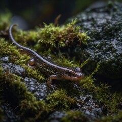 Fototapeta premium Salamander Hiding Under a Mossy Rock