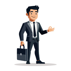 A confident businessman in a teal suit with a yellow tie holds a black briefcase while gesturing with his other hand. He has a friendly smile.