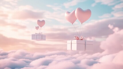 Fototapeta premium A Box flying on a parachute with pink cloud in valentine day,package flying down from sky and cloud with parachute, concept for delivery service,shopping online,air delivery service.