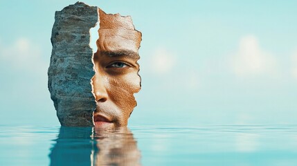 Surreal concept of self reflection with half face mirror over water surface