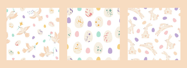 Set Easter seamless pattern with cute bunnies, birds, eggs and wildflowers on white background. Collection Spring patterns for banner, wallpaper, packaging, textiles design. Vector illustration