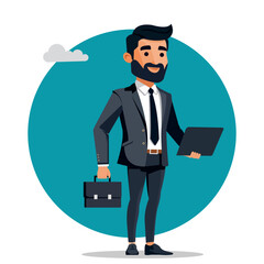 A confident businessman in a teal suit with a yellow tie holds a black briefcase while gesturing with his other hand. He has a friendly smile.