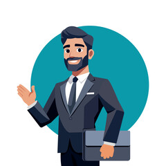 A confident businessman in a teal suit with a yellow tie holds a black briefcase while gesturing with his other hand. He has a friendly smile.