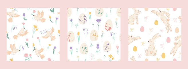 Set Easter seamless pattern with cute bunnies, birds, eggs and wildflowers on white background. Collection Spring patterns for banner, wallpaper, packaging, textiles design. Vector illustration