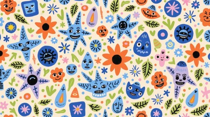 Naklejka premium Whimsical hand drawn pattern showcasing colorful flowers and friendly monster faces