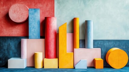 Minimalist geometric materials composition modern art installation cartoon drawing colored pastel