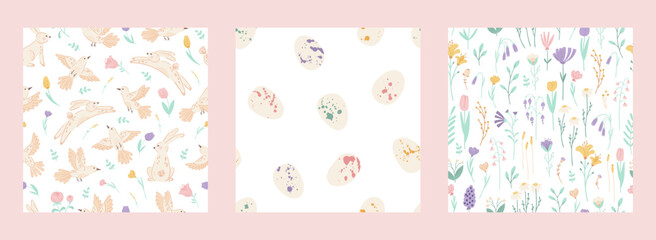 Set Easter seamless pattern with cute bunnies, birds, eggs and wildflowers on white background. Collection Spring patterns for banner, wallpaper, packaging, textiles design. Vector illustration