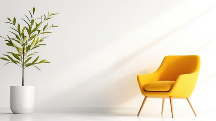 Fototapeta premium Mid range shot of minimalist living room with yellow armchair and potted plant - interior design inspiration for modern spaces