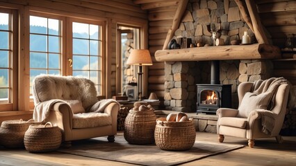 A rustic living room featuring a large stone fireplace with a wooden mantel
