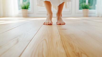 Fototapeta premium Tranquil indoor walk on sunlit wooden floor with barefoot elegance for wellness and relaxation