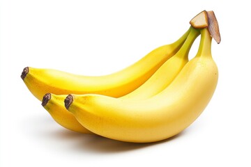 Three Fresh Yellow Bananas on a White Background Ready to Eat